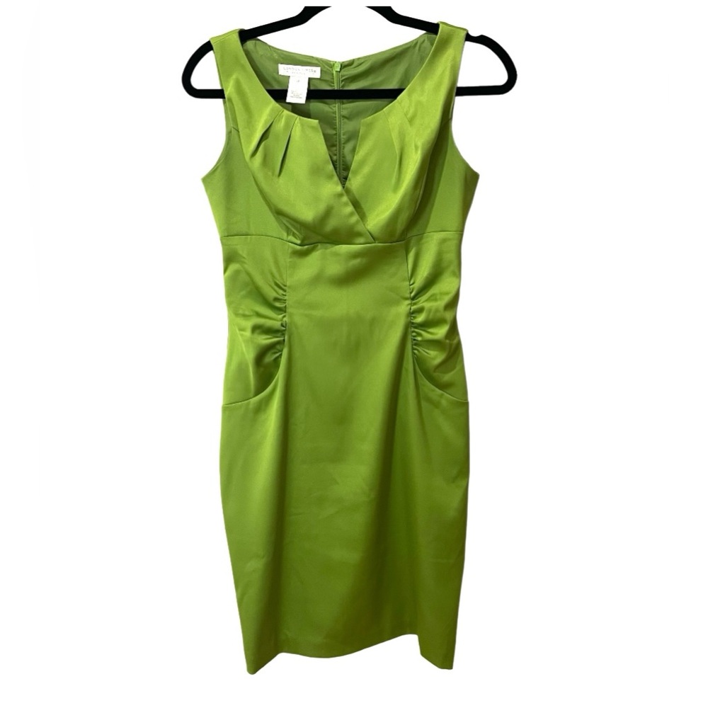 London Times Wiggle Dress Split Neckline Ruche Side Bodycon SZ 4 petite EUC